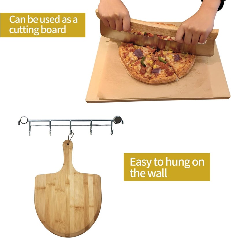DAILJMON Rectangular Pizza Stone 4 Sets,12"x15"x0.59"(OAK) Pizza Stone for Oven and Grill with Bamboo Pizza Peel, Pizza Cutter and 10pcs Cooking Paper,Grill Stone Baking Stone for Bread,BBQ,Grill - Image 3